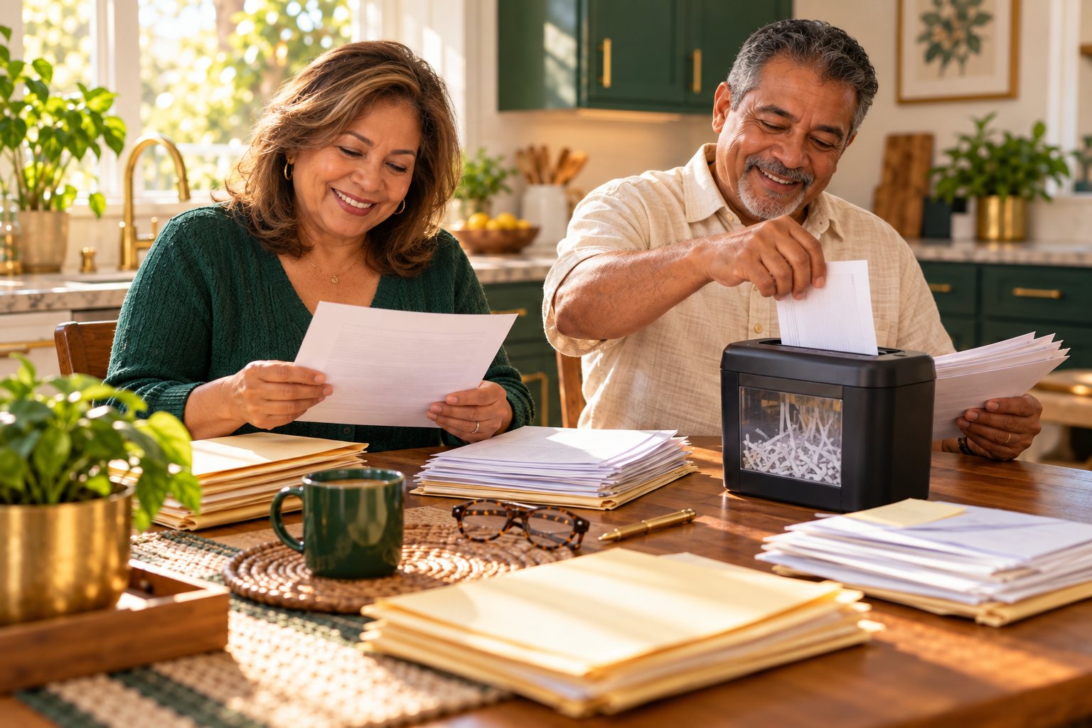 A smiling couple at a sunny kitchen table sorting papers into stacks, with one dropping a paper into a small shredder