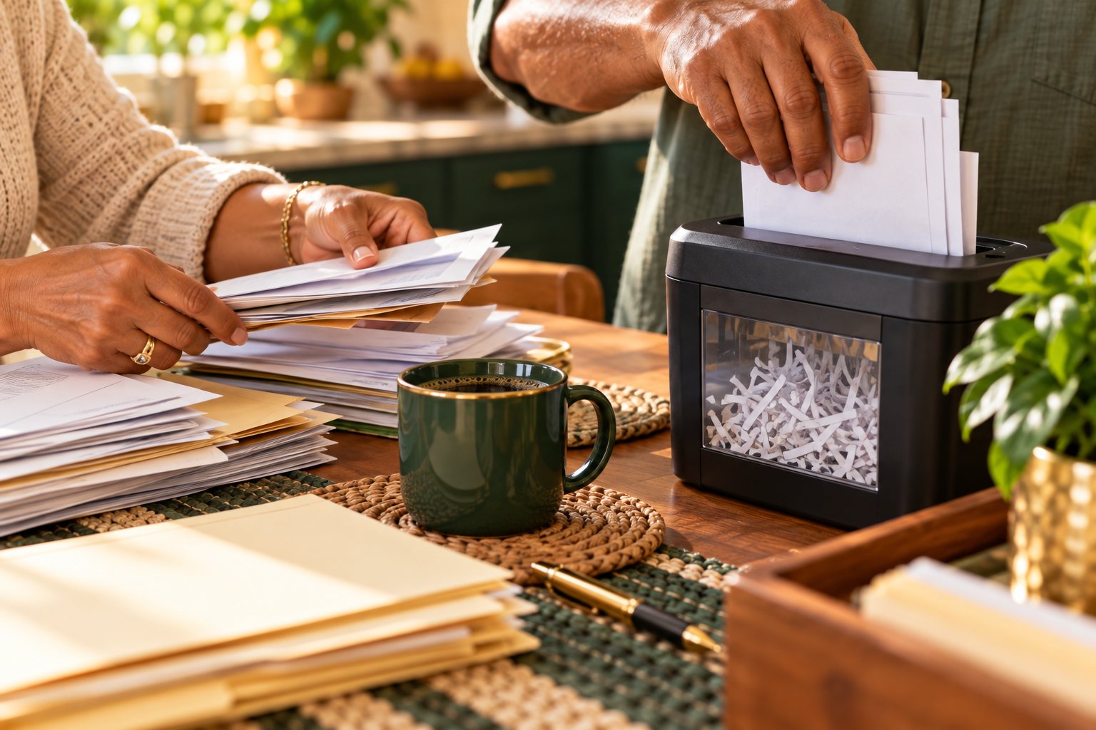 Hands sorting a stack of mail while another hand feeds old papers into a small home shredder, with a green coffee mug nearby